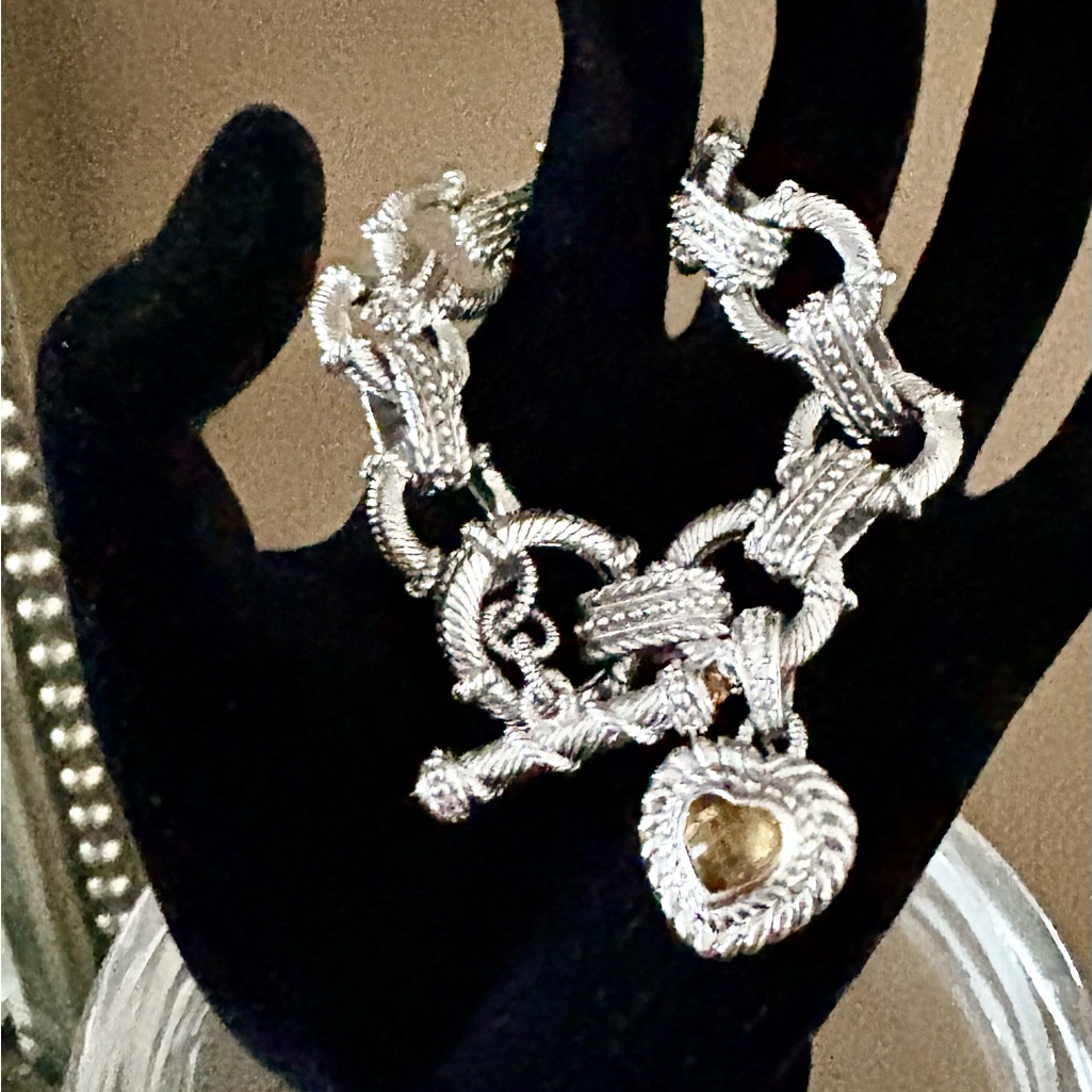 Judith Ripka Sterling Silver, Cz, Citrine Heart Charm Bracelet